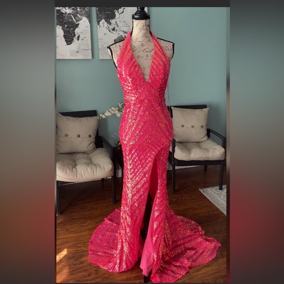 Jovani Pink sparkly Mermaid with slit, deep v and open back - Picture 3 of 4